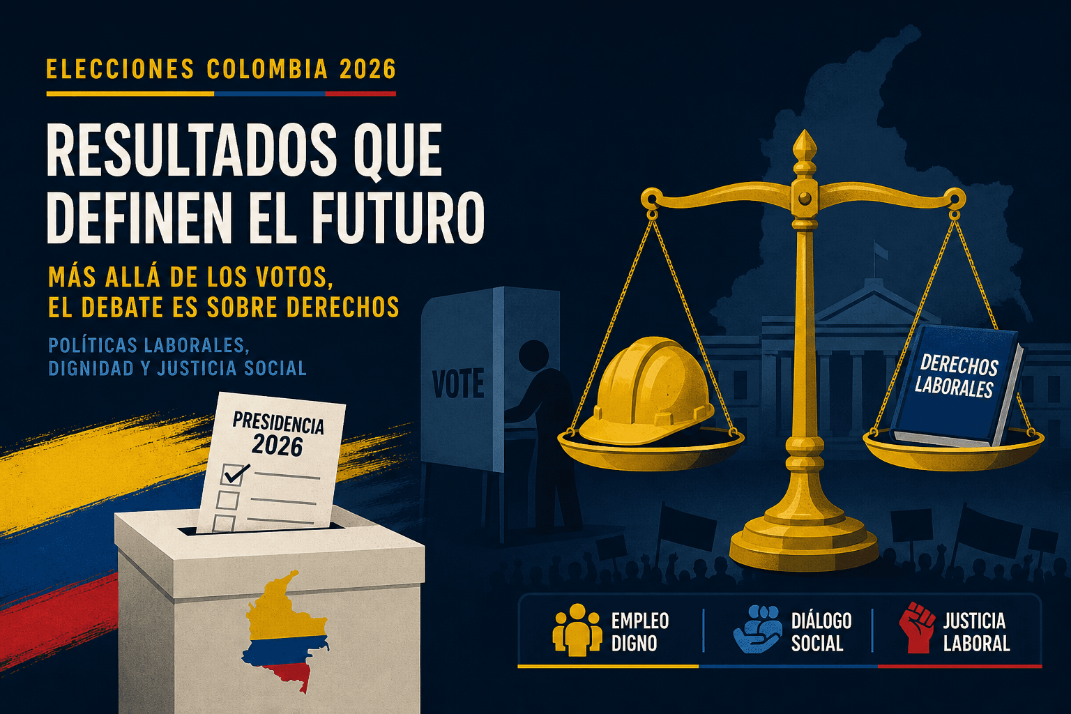 Ilustración editorial sobre elección presidencial y derechos laborales en Colombia