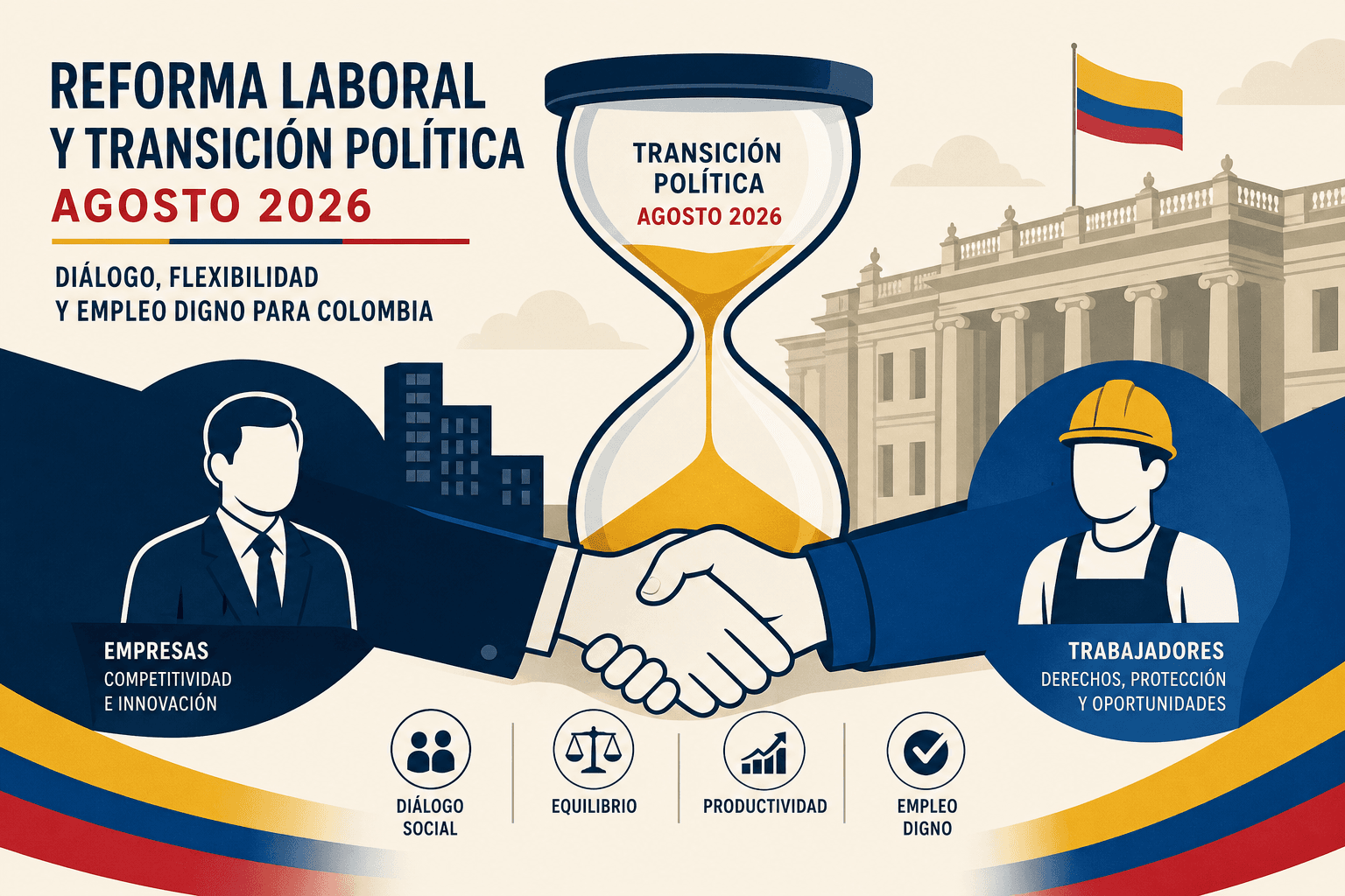 Ilustración editorial sobre debate de reforma laboral y flexibilización en Colombia